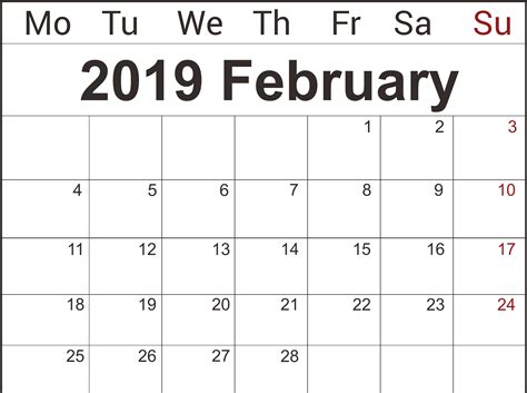 Feb 2019 Calendar Printable Calendar