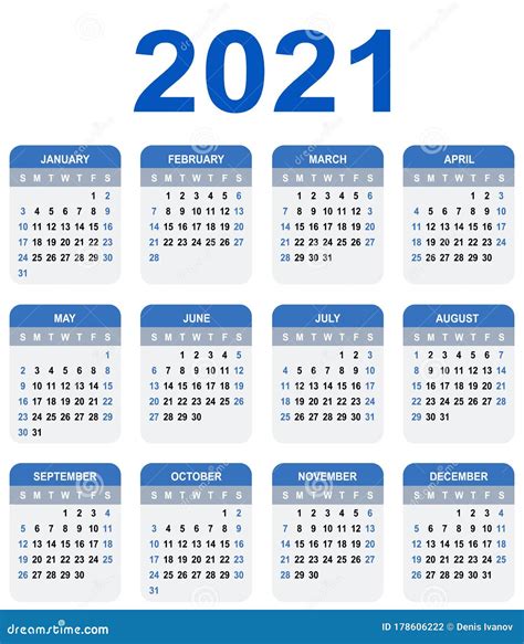 Calendar 2021 Week Starts On Sunday Stock Vector Illustration Of