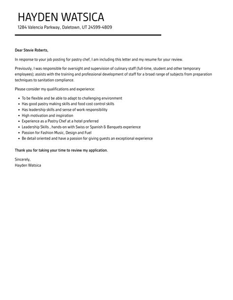 Pastry Chef Cover Letter Velvet Jobs