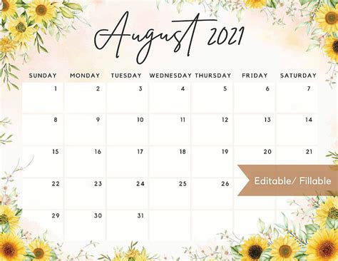 August 2022 Calendar Cute Watercolor Sunflower Theme Etsy Planner