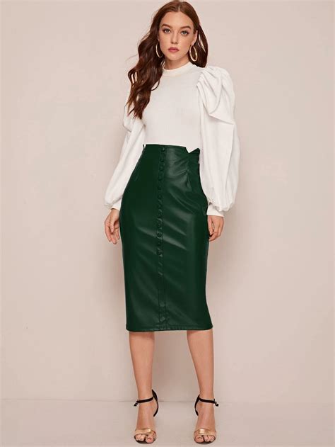 Faux Leather Friday Buttoned Front Green Leather Skirt