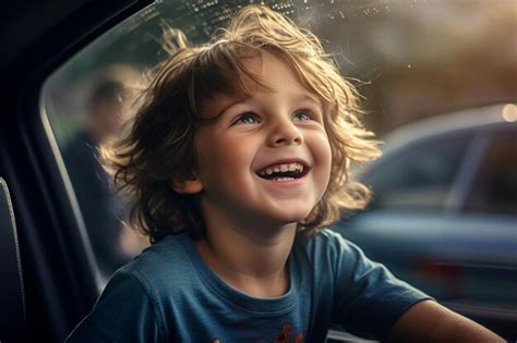 Um Menino Se Senta Perto Da Janela Do Carro Enquanto Dirige Em Uma