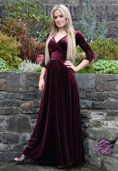 Burgundy Long Sleeve Evening Dresses Modest Velvet Pleat V Neck Long A