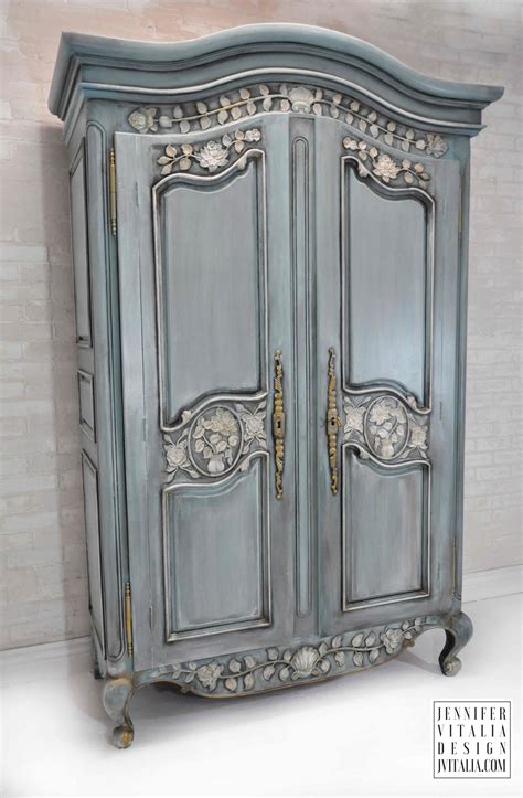 French Distressed Hand Painted Armoire Teals By Jennifer Vitalia