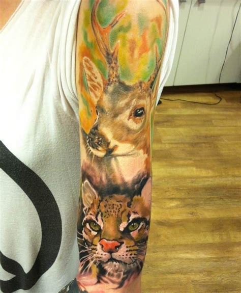 Tattoo Deer And Wild Cat Arm Ideas Tattoo Designs Animal Sleeve