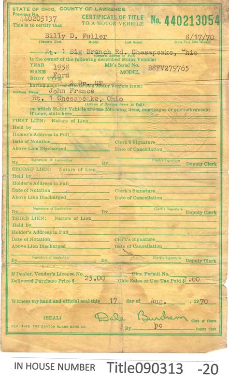 Vintage 1958 Ford 2dr Ht Auto Title Only Historical Document From Ohio