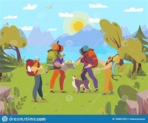People Hiking With Backpacks Cartoon Characters Trekking In Nature