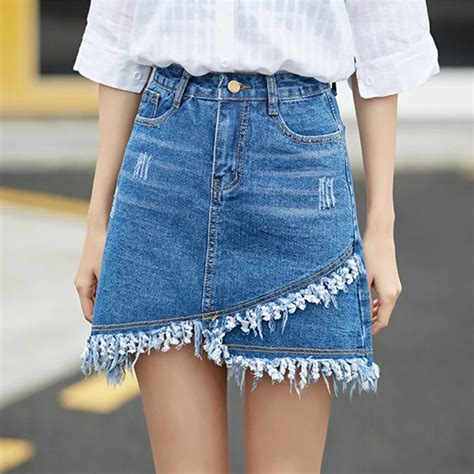 Summer Women Skirts Casual Denim Skirts High Waist Jupe Short Irregular Edges Jeans Skirt Tassel