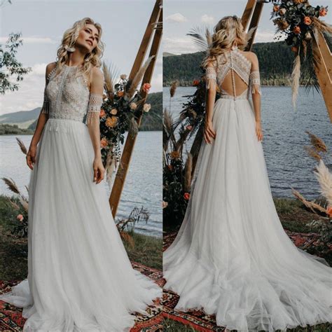 Jeweled Bodice Halter Wedding Dress Illusion Back Beach Bohemian Bridal