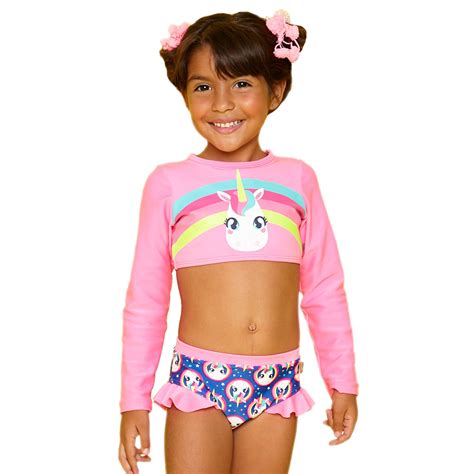 Biquíni Cropped Infantil Unicórnio Rosa Flúor C Azul Puket Ecameleca