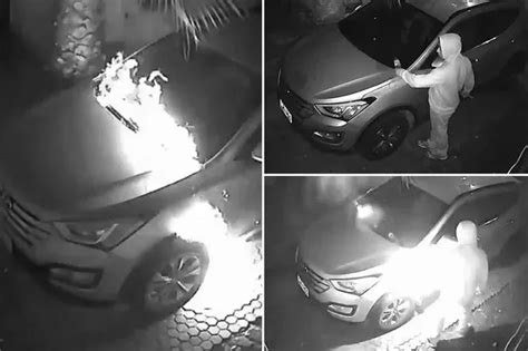 watch dramatic footage of car being set on fire before it explodes on street mirror online