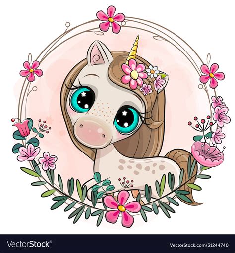 Cartoon Unicorn With Flowers On A Pink Background Vector Image