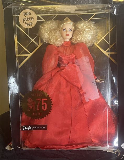 2020 Mattel 75th Anniversary Barbie Doll Red Gown Curly Hair Model See