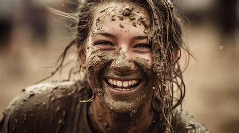 Young Woman With Mud All Over Them Is Smiling Background Free Dirty