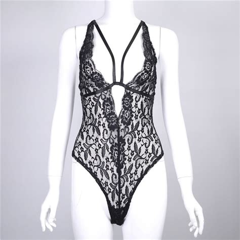 Sexy Hollow Lace Women Bodysuit Summer See Through Strap Deep V