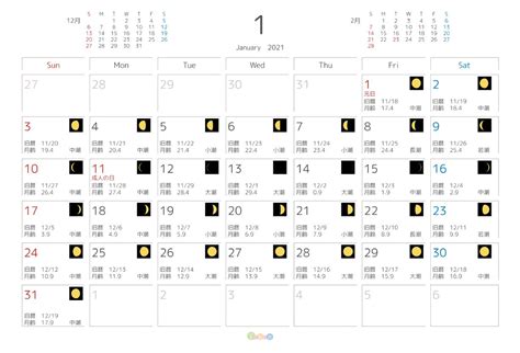 Nov 30, 2020 · 1月11日（月）が「成人の日」なので、カレンダー通りだと9日（土）から3連休です。これだけを見ると忘れがちですが、2020年から2021年の年末年始は12月26日が土曜日なので、上手くお休みを取得できれば12月26日〜1月3日（日）と9連休も可能。 月の形（月相）・旧暦・月齢・潮名 2021年月別カレンダー｜印刷 ...