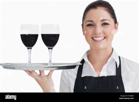 Happy Waitress Holding Two Glass Of Wine Stock Photo Alamy
