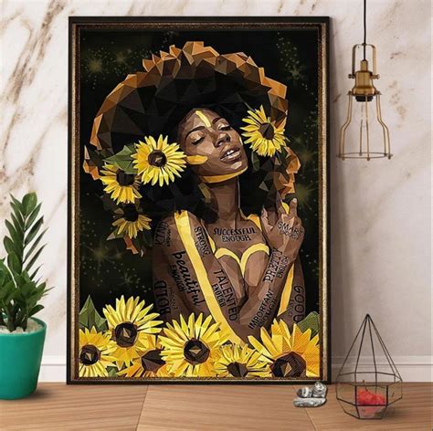 Black Woman With Sunflower Canvas Wall Art Black Girl Canvas Etsy