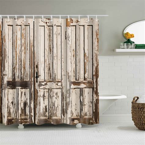 Wooden Door Shower Curtain Set With Hooks Vintage Wood Gate Rural Bathroom Decor Waterproof