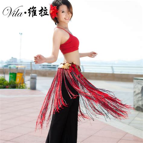 Wholesale Dance Red Black Long Hip Scarf Sexy Tassel Belly Dance Clothes Women Belly Dance Belt