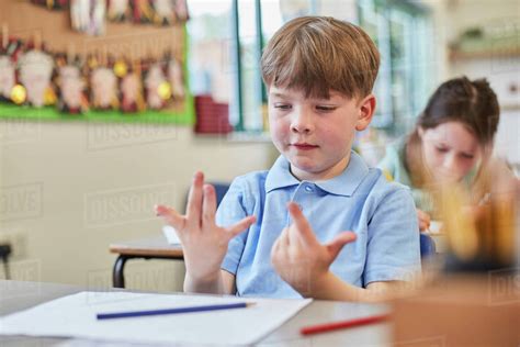 Schoolboy Counting With Fingers In Classroom Lesson At Primary School