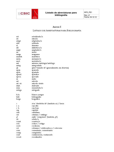 Lista De Abreviaturas Pdf Publicación Escritura