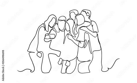 Group Of Happy Young Friends Making Selfie One Line Drawing