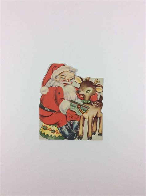merry santa feeding reindeer deer vintage 1950s die cut diecut etsy