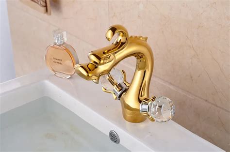 Modern Golden Brass Deck Mounted Bathroom Basin Faucet Sink Water Mixer Tap 2 Crystal Handles In