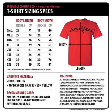 Ironville Size Charts Gym Apparel Measurments