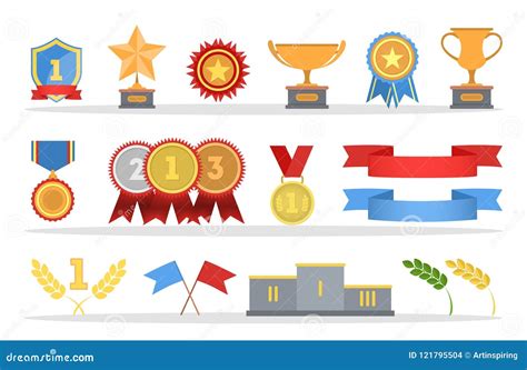 Set Of Golden Medals And Trophy Cups Stock Vector Illustration Of
