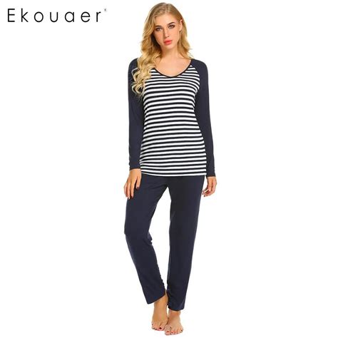 Ekouaer Women Cotton Pajamas Set Sleepwear Casual O Neck Long Sleeve Tops Striped Elastic Waist