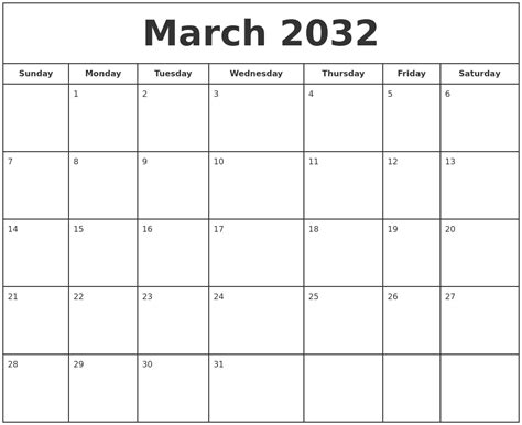 March 2032 Print Free Calendar