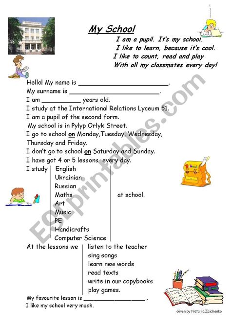 My School Esl Worksheet By Teachlady79