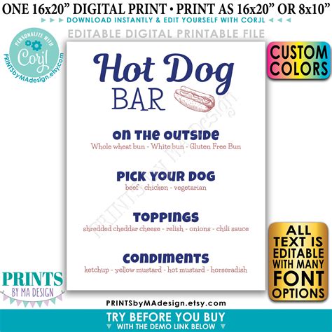 Editable Hot Dog Sign Custom Hot Dog Bar Menu Build Yourself Etsy