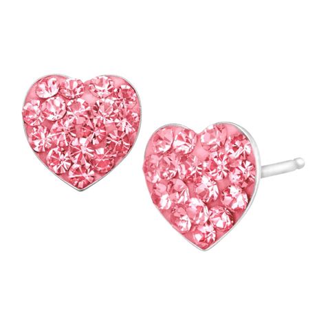 Heart Button Stud Earrings With Pink Swarovski Crystals Valentinesday