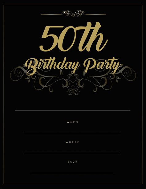 50th Birthday Party Invitation Black Gold Formal 50th Birthday Party