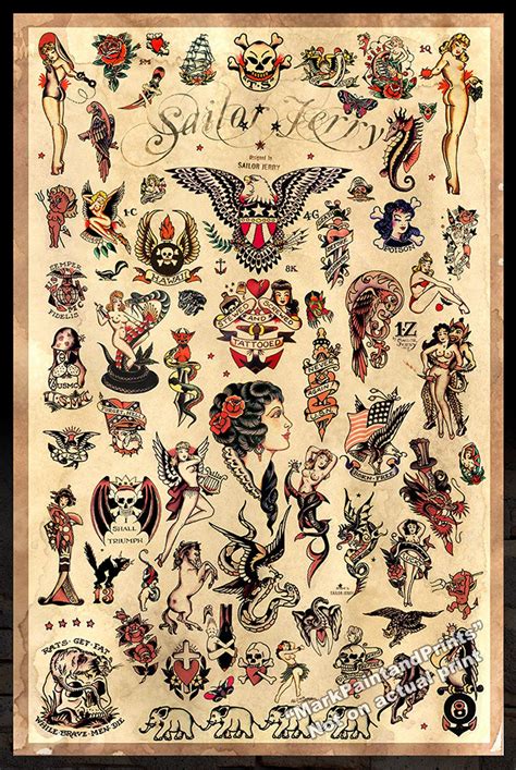 Sailor Jerry Tattoo Designs Flash 3 Poster Print 24x36 Free