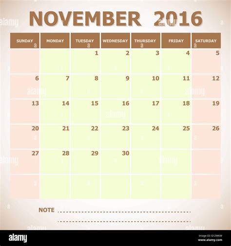 Calendar November 2016 Week Starts Sunday Stock Vector Stock Vector