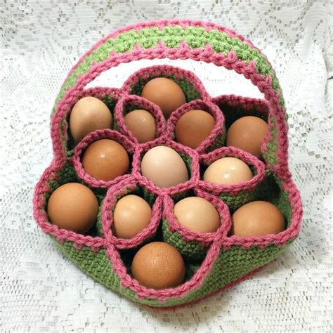 Crochet Baker S Dozen Egg Carrying Basket Egg Caddy Egg Carton Green And Pink Crochet