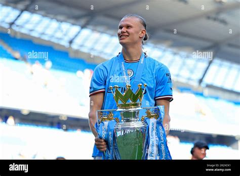 Erling Haaland 9 Of Manchester City With The Premier League Trophy