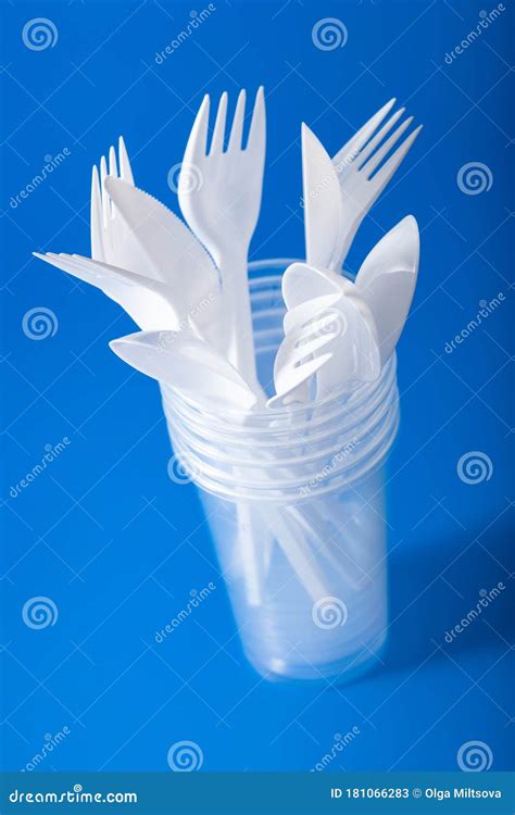 Single Use Plastic Cups Forks Spoons Concept Of Recycling Plastic