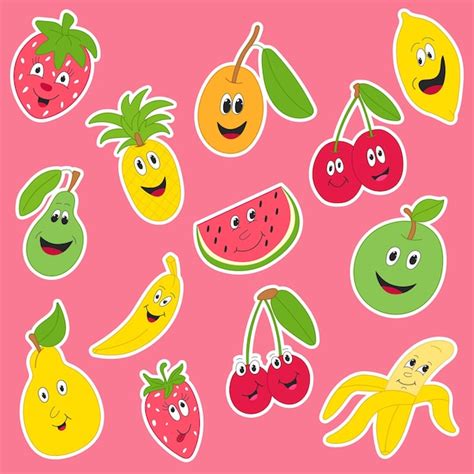Premium Vector Set Of Cartoon Funny Fruit Stickers With Faces