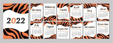 2022 Calendar Tiger Abstract Design Animal Theme Week Starts On