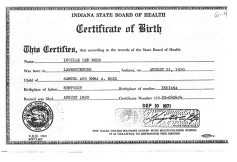 the birth certificate for indiana state board of health is shown in black and white