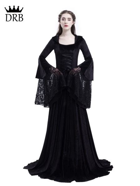 Rose Blooming Black Gothic Medieval Vampire Hooded Dress Costume