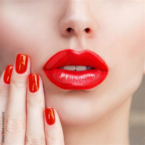 Red Sexy Lips And Nails Closeup Open Mouth Manicure And Makeup Make