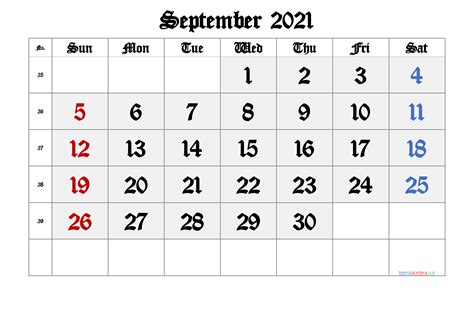 Printable September 2021 Calendar With Week Numbers