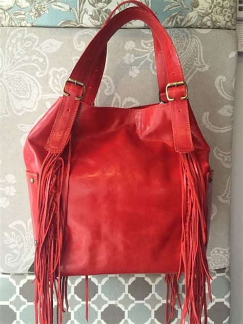 Red Leather Hobo Purse Fringes Hobo Bag Oversized By Percibal