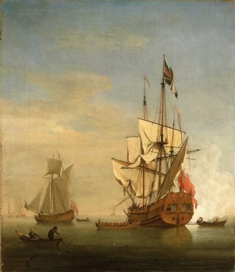 An English Sixth Rate Ship Firing A Salute As A Barge Leaves A Royal